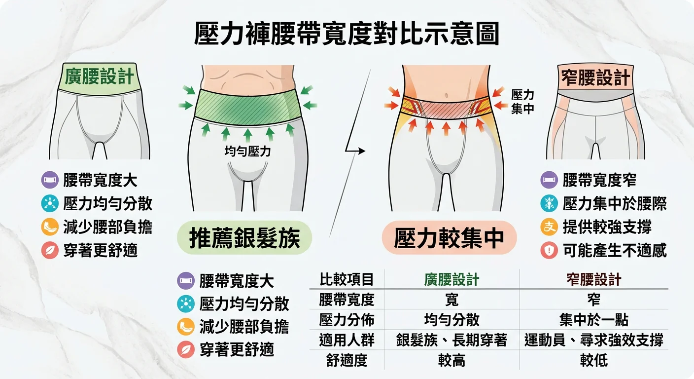 壓力褲腰帶寬度對比示意圖，左側廣腰設計（標示「推薦銀髮族」），右側窄腰設計（標示「壓力較集中」），版面清晰標示兩者差異
