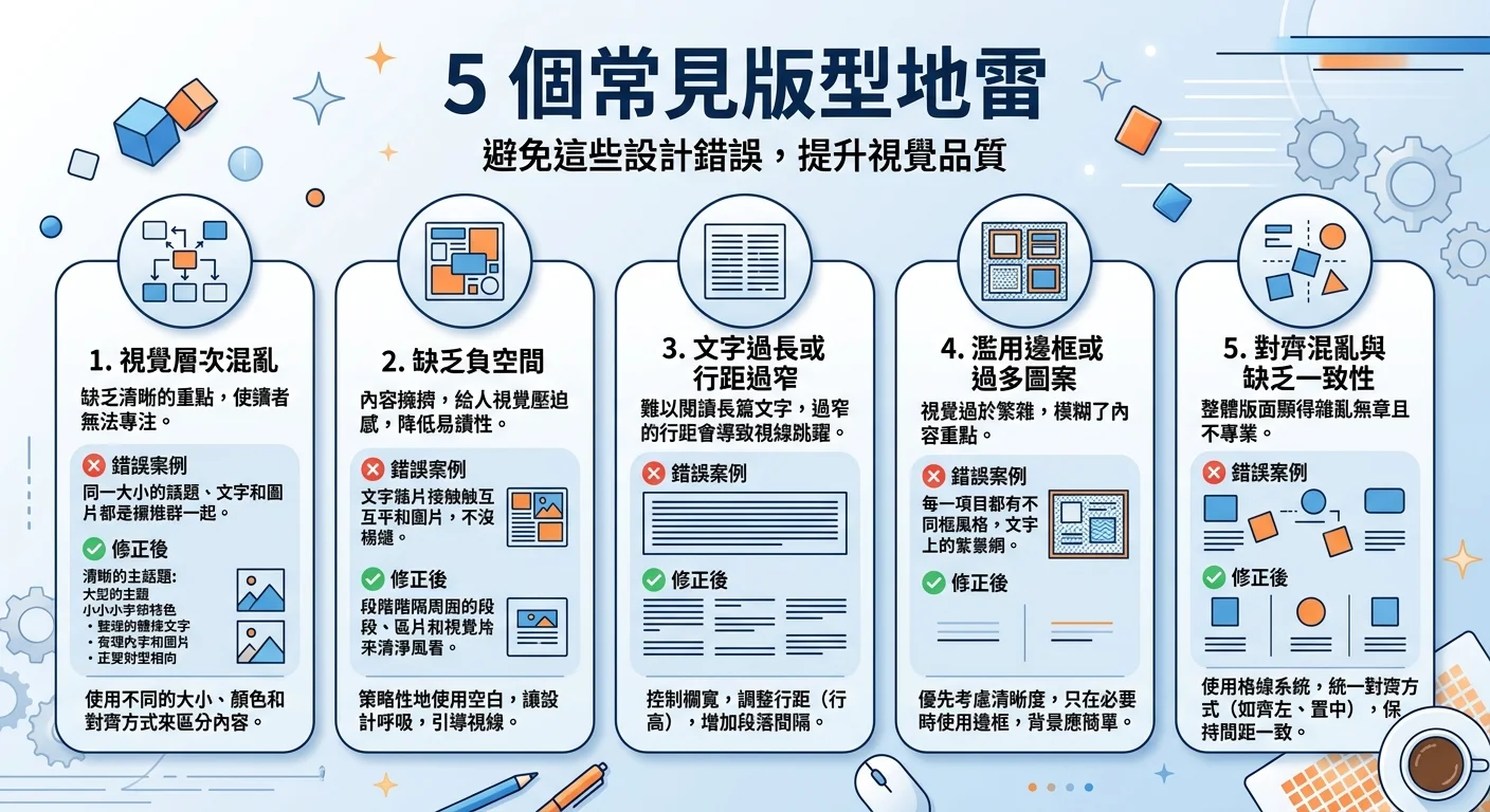 圖表式說明 5 個常見版型地雷，清晰視覺設計配合圖示
