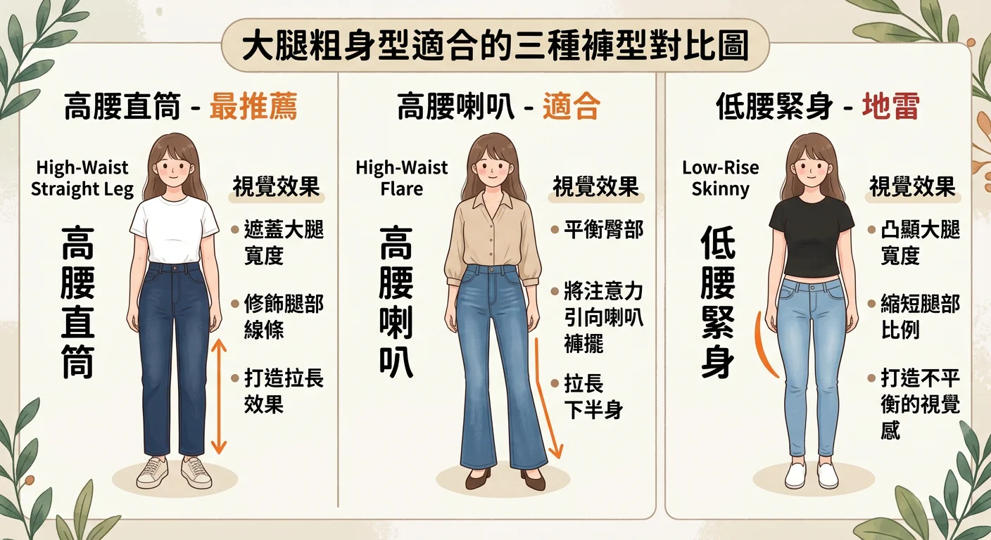 大腿粗身型適合的三種褲型對比圖：左側高腰直筒（最推薦）、中間高腰喇叭（適合）、右側低腰緊身（地雷），每種褲型旁邊標示「視覺效果」文字說明，用線條示意大腿視覺差異