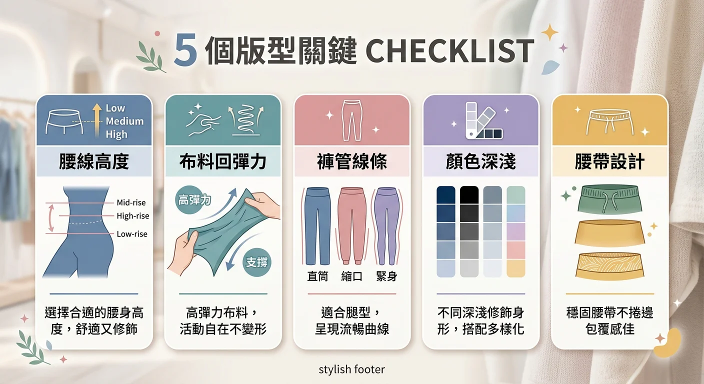5 個版型關鍵 checklist 視覺化圖卡：列出腰線高度、布料回彈力、褲管線條、顏色深淺、腰帶設計五個項目，每個項目有圖示和一行說明，背景是柔和的運動服飾配色