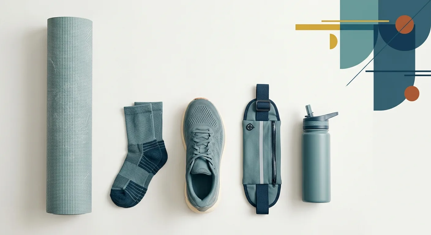 各類運動配件 flat lay——瑜珈墊捲起靠牆、機能運動襪、跑步鞋、腰包、水壺並排擺放,乾淨白底,右上角有品牌色系的幾何線條點綴