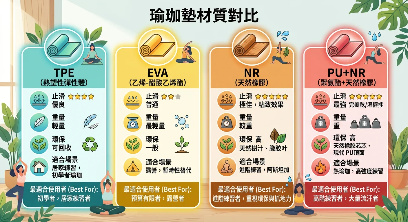 瑜珈墊材質對比資訊圖——四欄(TPE/EVA/NR/PU+NR),每欄標示止滑、重量、環保、適合場景,並標出各材質最適合的使用者族群