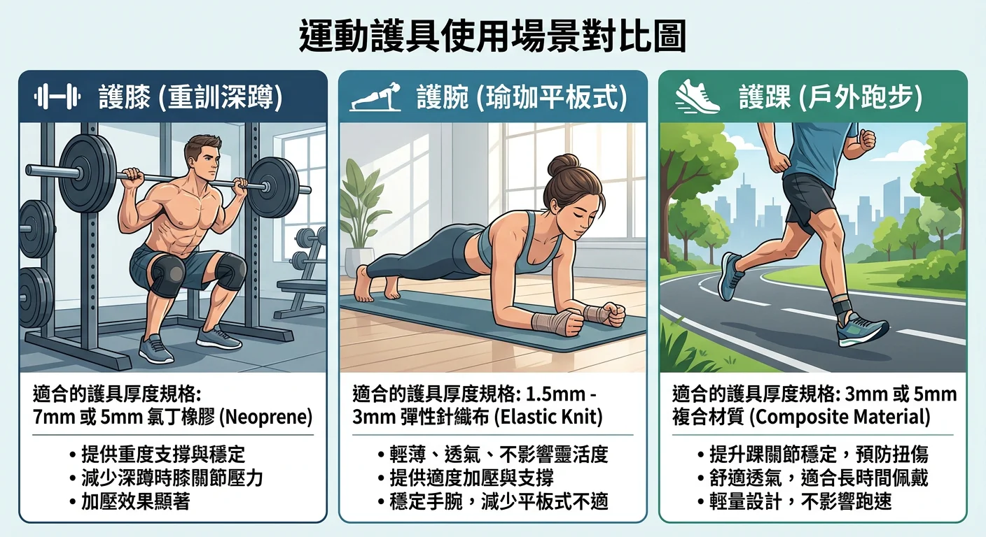 運動護具使用場景對比圖——左欄護膝(重訓深蹲動作),中欄護腕(瑜珈平板式),右欄護踝(戶外跑步),每欄標示適合的護具厚度規格