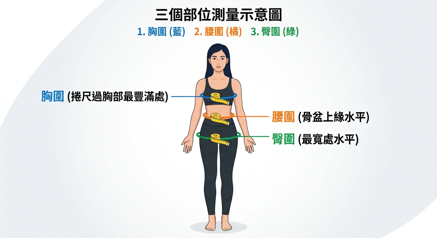 三個測量部位的示意圖：胸圍（捲尺過胸部最豐滿處）、腰圍（骨盆上緣水平）、臀圍（最寬處水平），三個位置用不同顏色標示