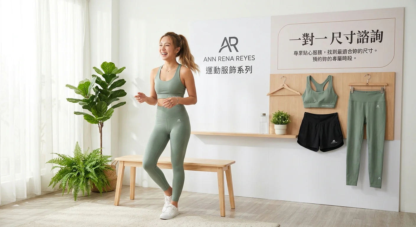 ANN RENA REYES 運動服飾系列展示，壓力褲、運動內衣、短褲三件一組，搭配「一對一尺寸諮詢」主視覺，明亮清新的品牌風格