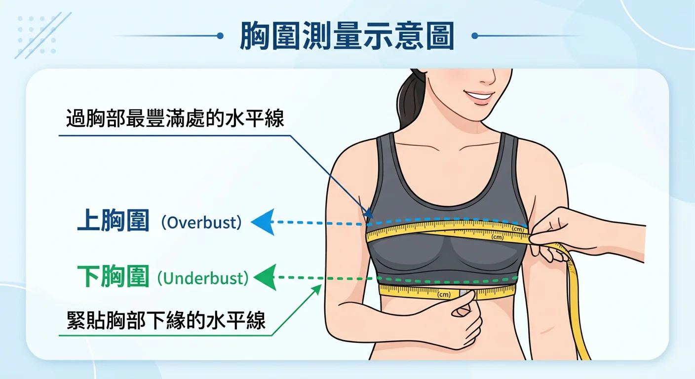 胸圍測量示意圖，標示兩條測量線：上方是上胸圍（過胸部最豐滿處的水平線）、下方是下胸圍（緊貼胸部下緣的水平線），搭配捲尺圖示