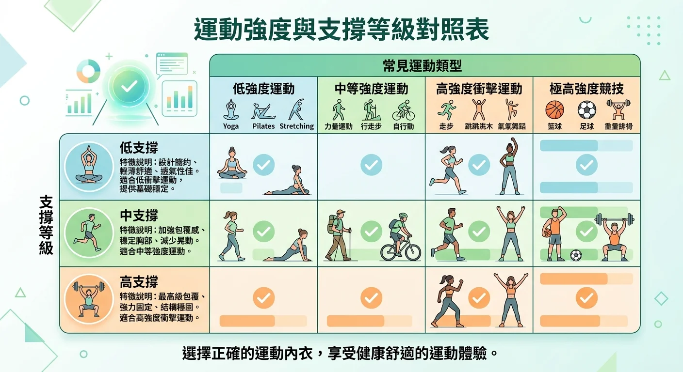 運動強度與支撐等級對照表格資訊圖，縱軸是支撐等級（低/中/高），橫軸是常見運動類型，搭配各支撐等級的特徵說明