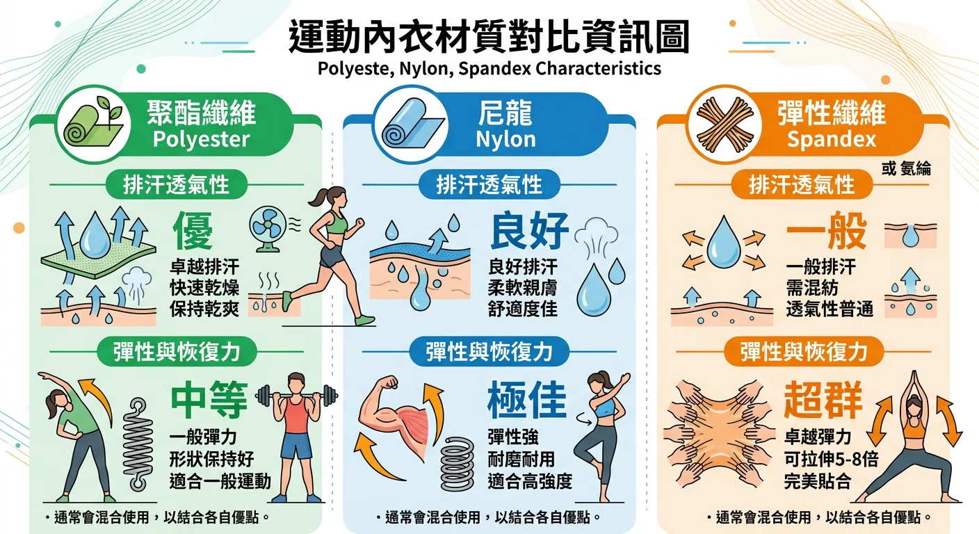 運動內衣材質對比資訊圖，標示 Polyester、Nylon、Spandex 各自的排汗和彈力特性，搭配圖示說明