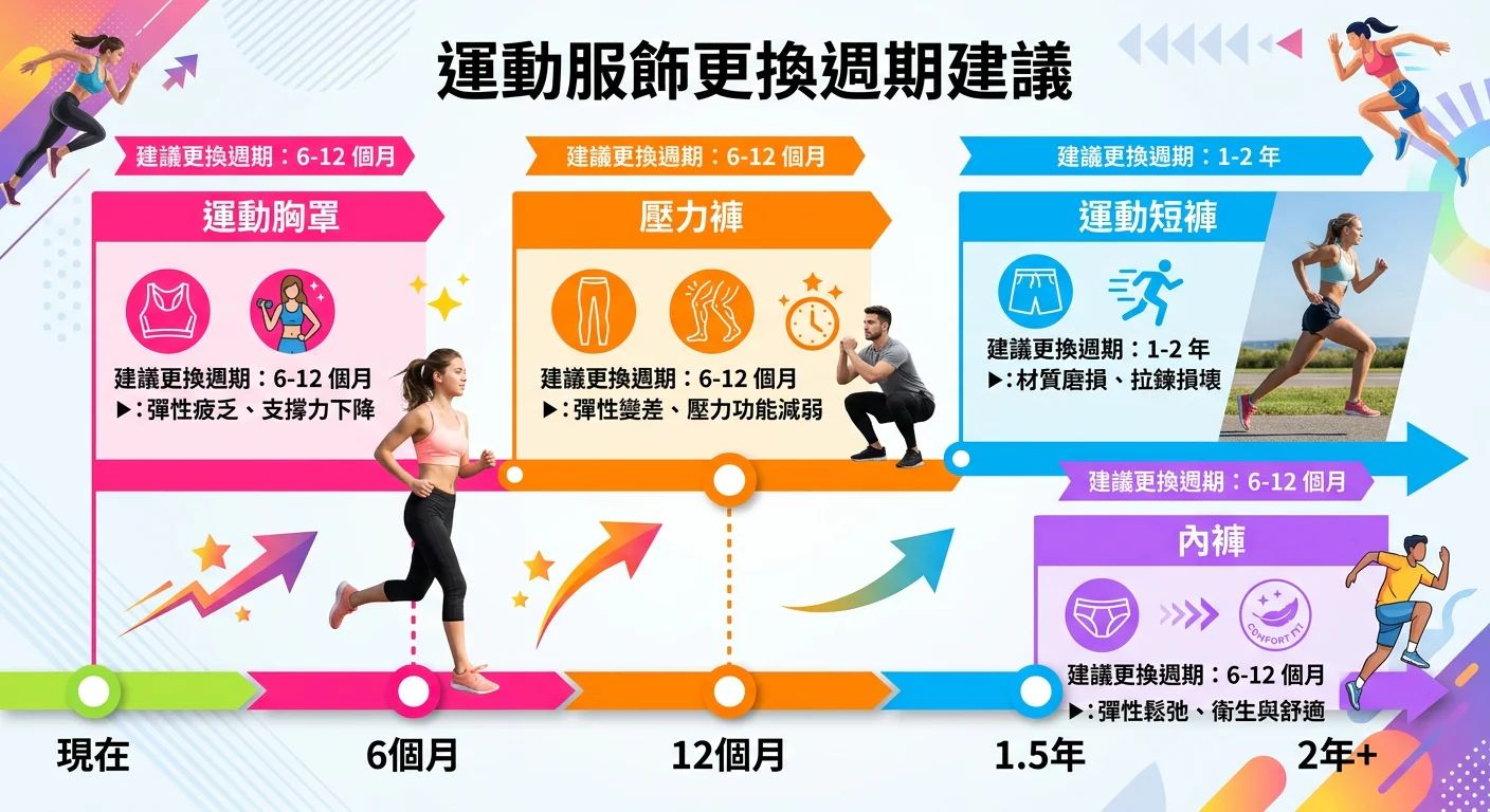 各品項運動服飾建議更換週期的視覺化圖表,以橫向時間軸呈現,從左到右依序為:運動胸罩(6-12個月)、壓力褲(6-12個月)、運動短褲(1-2年)、內褲(6-12個月),配色鮮豔清晰