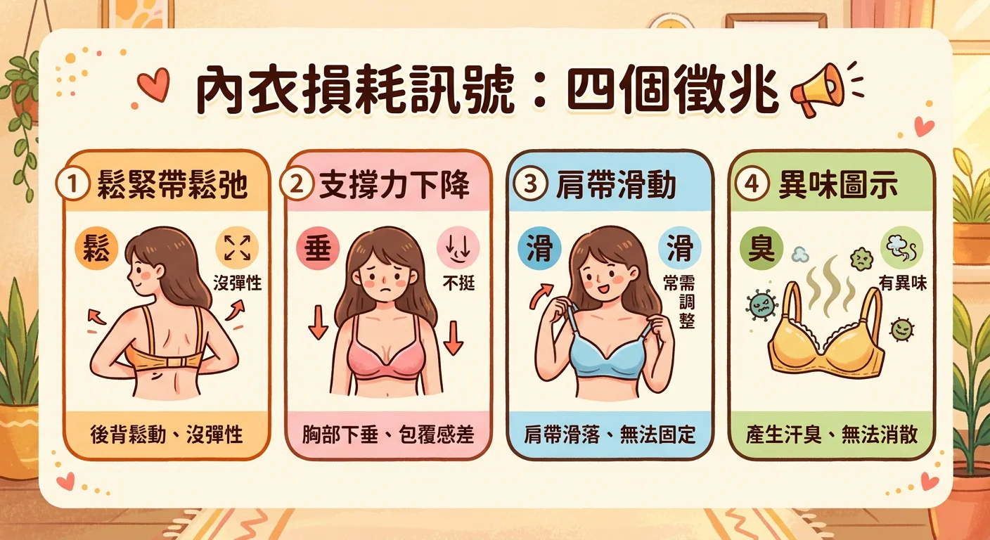 插畫風格示意圖,標示四個損耗訊號:鬆緊帶鬆弛、支撐力下降、肩帶滑動、異味圖示,以簡明圖示清單呈現,色調溫暖活潑