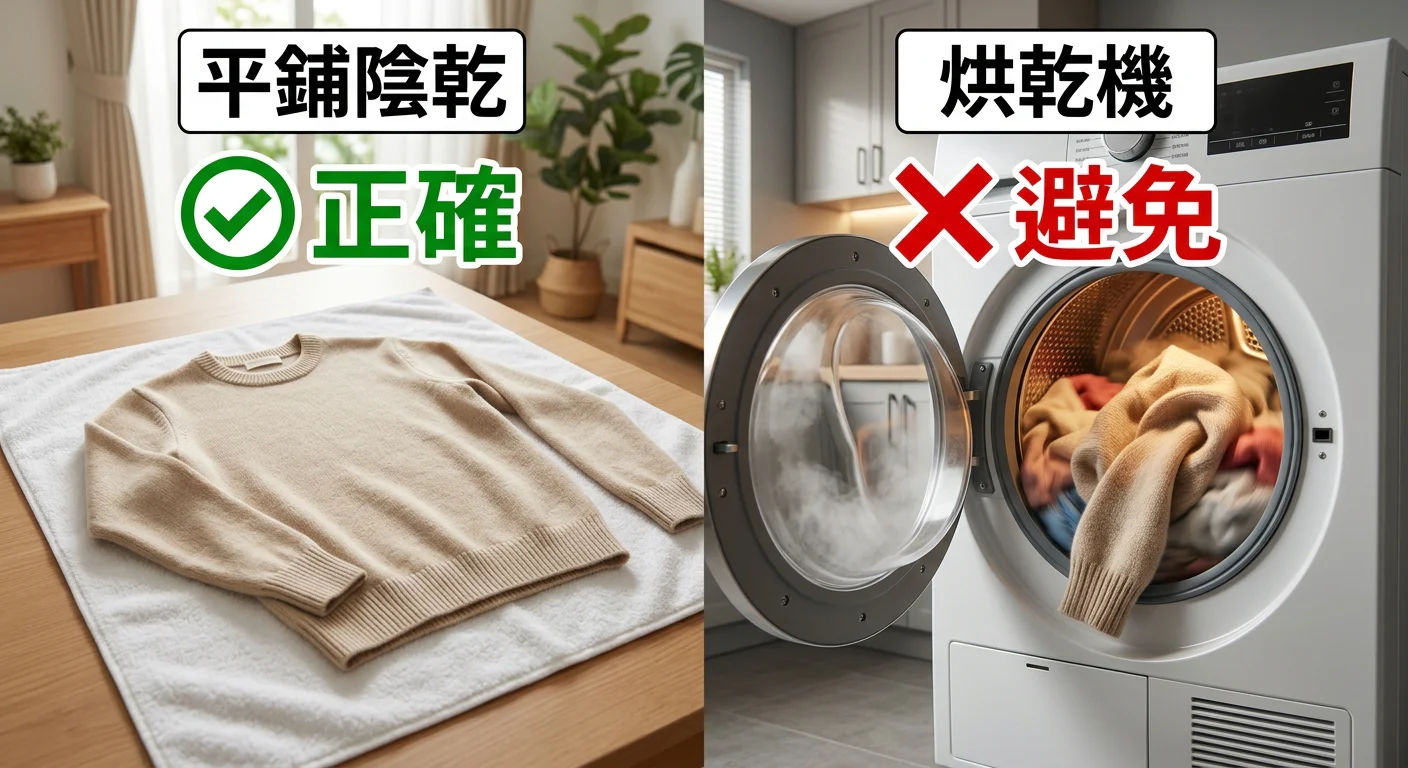 平鋪陰乾 vs 烘乾機的對比圖：左側為平鋪在毛巾上陰乾並標示「正確」，右側為烘乾機並標示「避免」，色彩明確對比