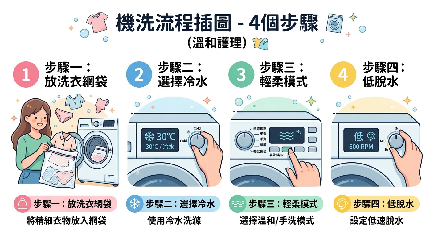 四步驟機洗流程插圖：步驟一放洗衣網袋、步驟二選冷水、步驟三輕柔模式、步驟四低脫水，以數字圖示清單呈現，風格簡明活潑