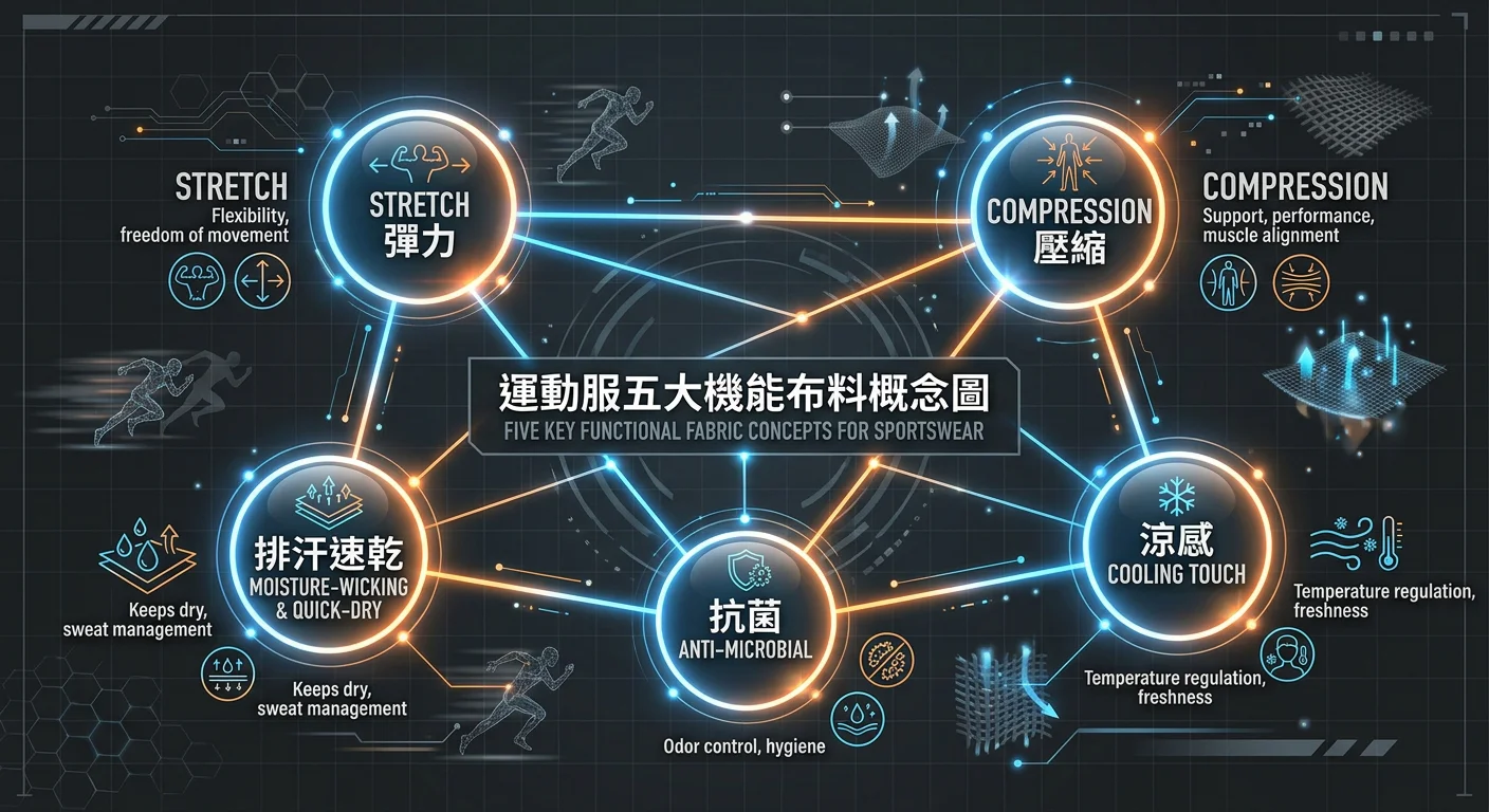 運動服五大機能布料概念圖,以深灰色底色為基調,五個圓形節點分別標示 Stretch 彈力、COMPRESSION 壓縮、排汗速乾、涼感、抗菌,節點間以品牌主色線條相互連結,整體呈科技感網絡結構圖