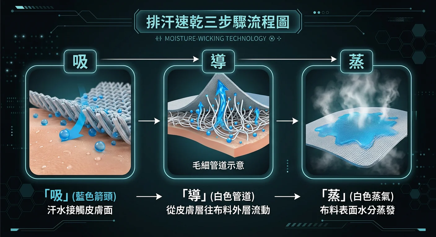 排汗速乾三步驟流程圖,橫向三階段:左側「吸」(汗水接觸皮膚面),中間「導」(毛細管道示意,從皮膚層往布料外層流動),右側「蒸」(布料表面水分蒸發),以細線箭頭串聯,深色科技風格
