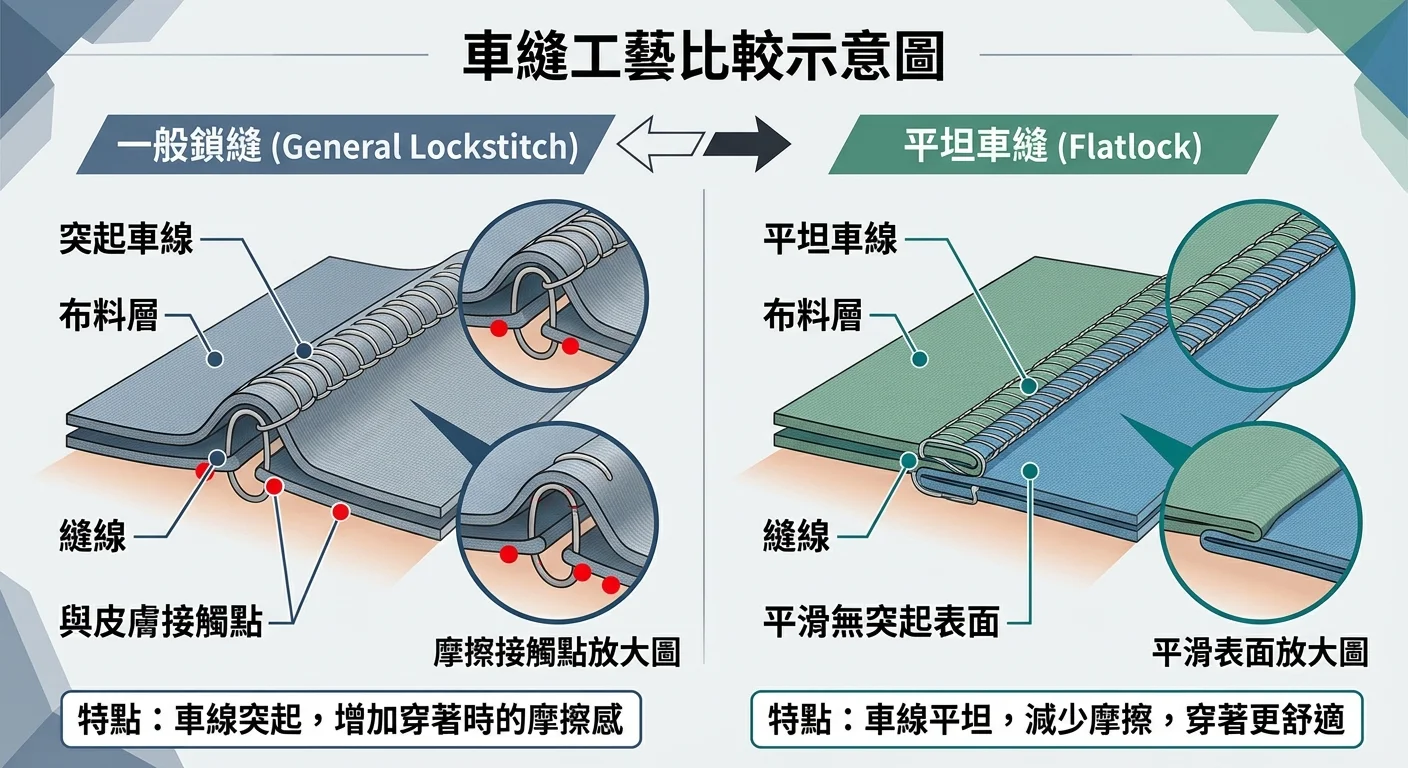 車縫工藝比較示意圖,左側為「一般鎖縫」(突起車線剖面圖,標示摩擦接觸點),右側為「平坦車縫 Flatlock」(攤平車線剖面圖,標示無突起摩擦),兩側以箭頭對比,搭配放大的布料剖面線條圖