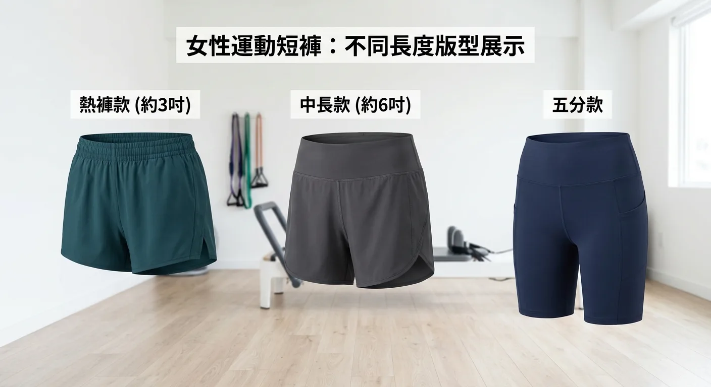 三款不同長度的女性運動短褲並排展示，左側熱褲款（約3吋）、中間中長款（約6吋）、右側五分款，全部為運動面料，展示從短到長的版型差異，背景為白色運動室