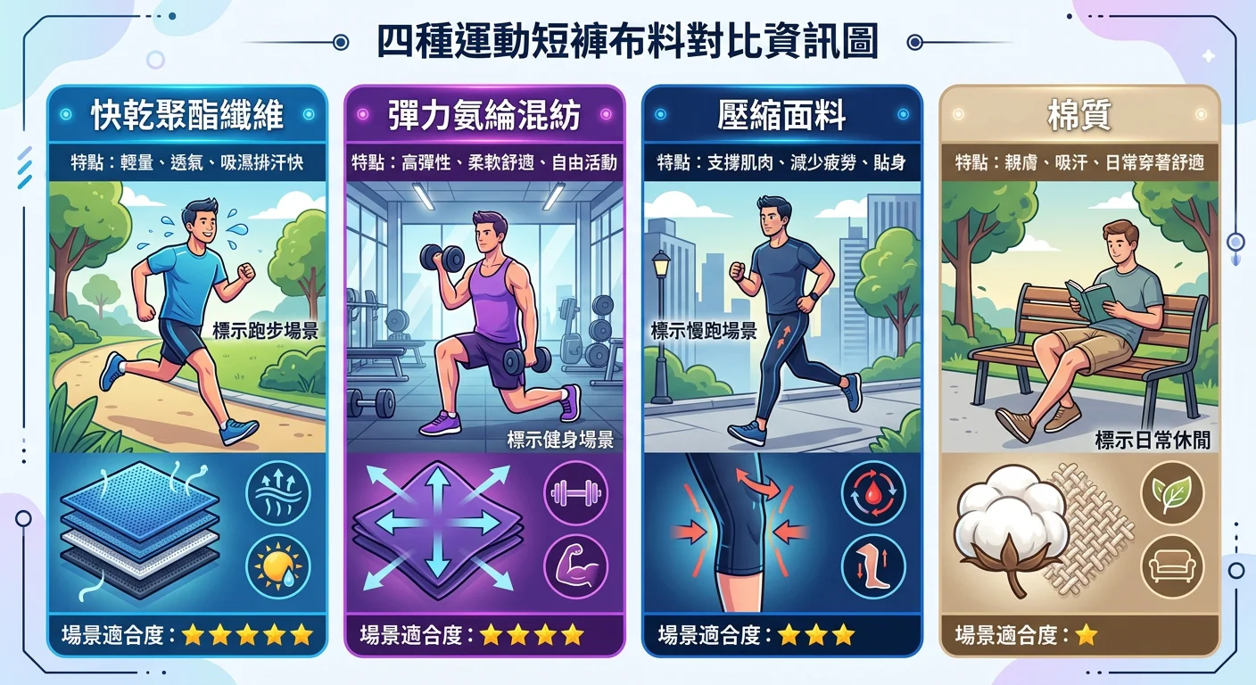四種運動短褲布料對比資訊圖，四欄排列：快乾聚酯纖維（藍色系，標示跑步場景）、彈力氨綸混紡（紫色系，標示健身場景）、壓縮面料（深藍，標示慢跑場景）、棉質（米色，標示日常休閒），每欄底部有場景適合度分數1-5星