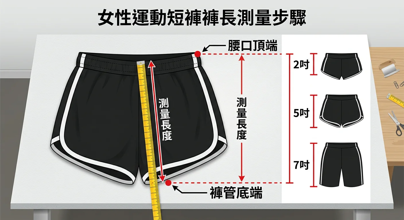 女性運動短褲褲長量法步驟圖，展示如何將短褲放平後用捲尺從腰口頂端測量到褲管底端，圖示清楚標示「腰口頂端」和「褲管底端」兩個測量點，旁邊標示2吋、5吋、7吋三種常見長度