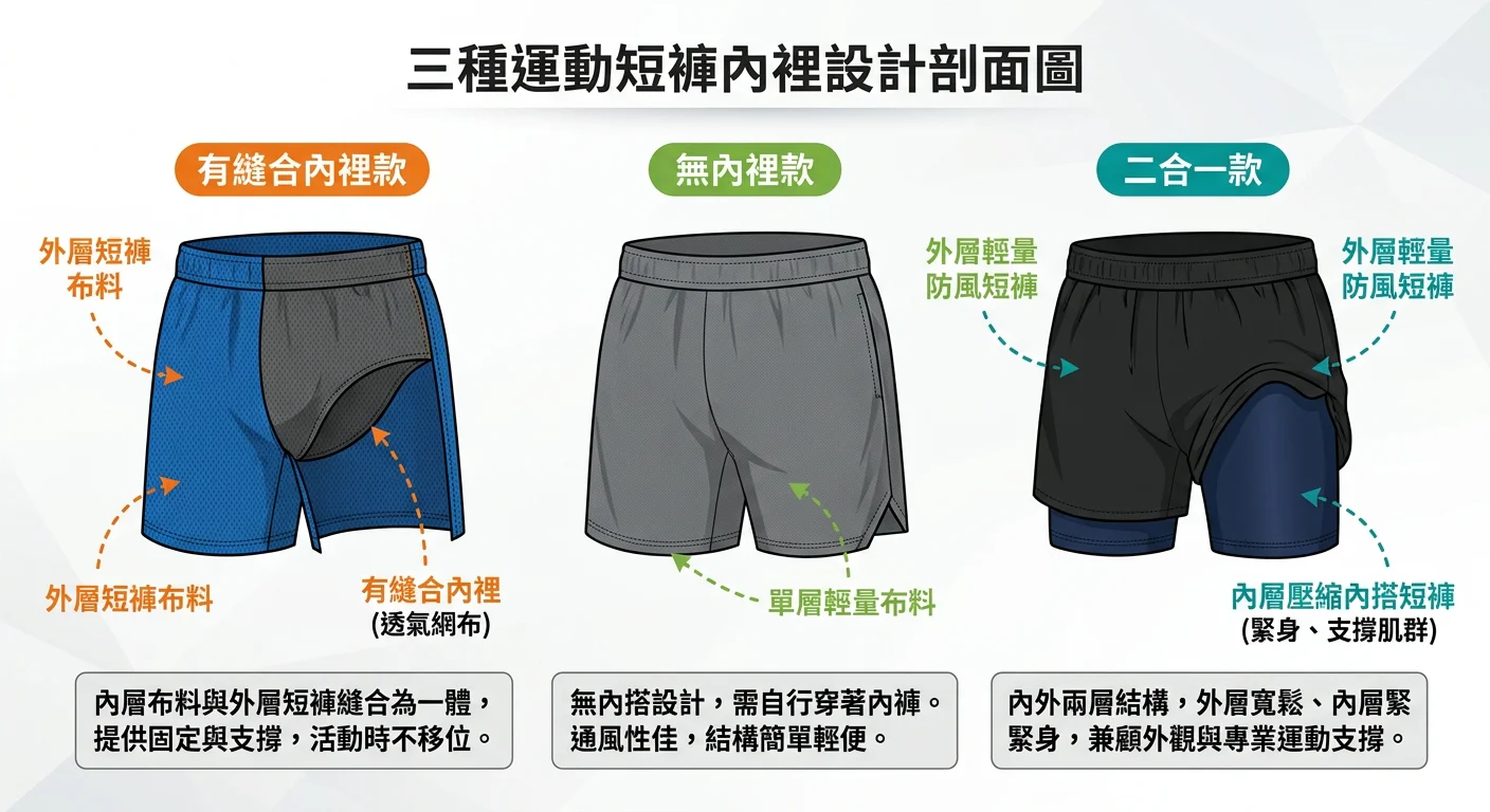 三種運動短褲內裡設計剖面圖，從左到右：有縫合內裡款（內層布料與外層縫合一體）、無內裡款（單層布料），二合一款（外層輕量短褲+內層壓縮內搭一體），用虛線和箭頭標示各層結構，配色清楚區分