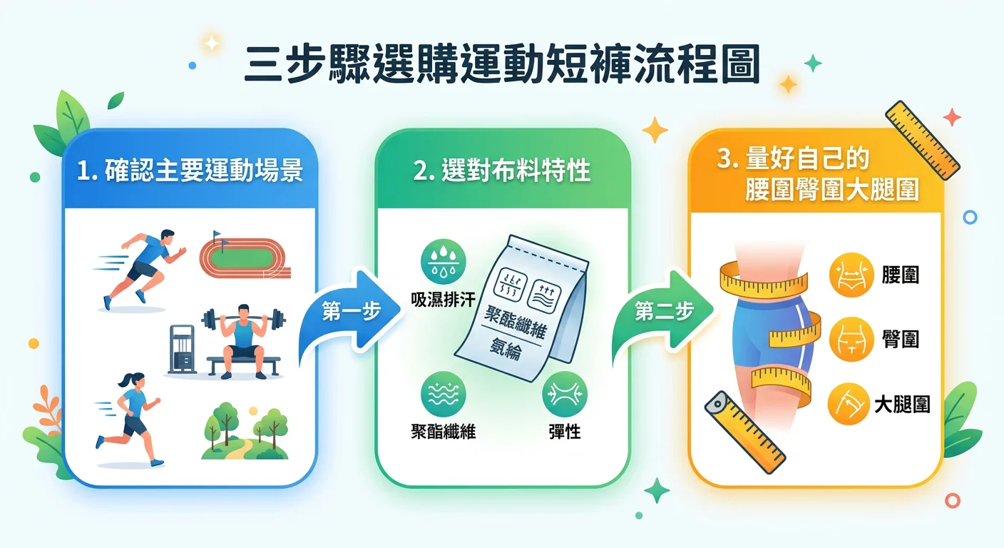 三步驟選購運動短褲流程圖，從左到右：第一步「確認主要運動場景」（配跑步/健身/慢跑場景圖示）、第二步「選對布料特性」（配布料成分標籤圖示）、第三步「量好自己的腰圍臀圍大腿圍」（配量尺圖示），箭頭連接三個步驟