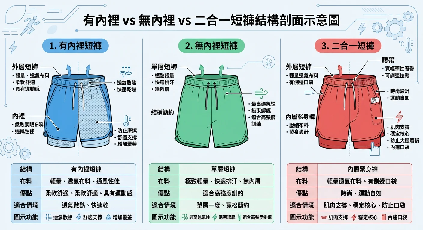 有內裡 vs 無內裡 vs 二合一短褲結構剖面示意圖：三欄對照，每欄標示布料層次和功能說明