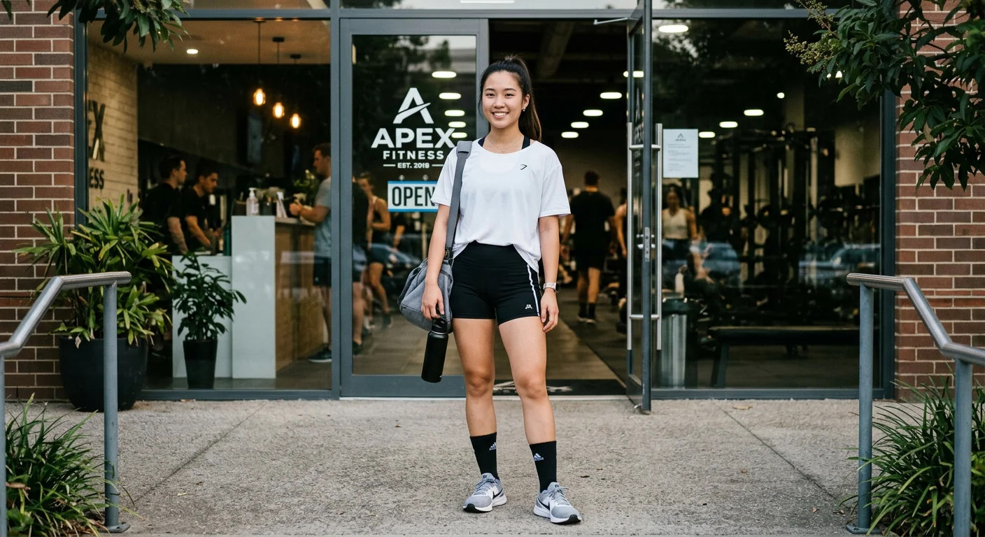 女生穿運動短褲與運動長襪，站在健身房門口，整體造型有層次感，高腰黑色短褲搭配白色運動上衣