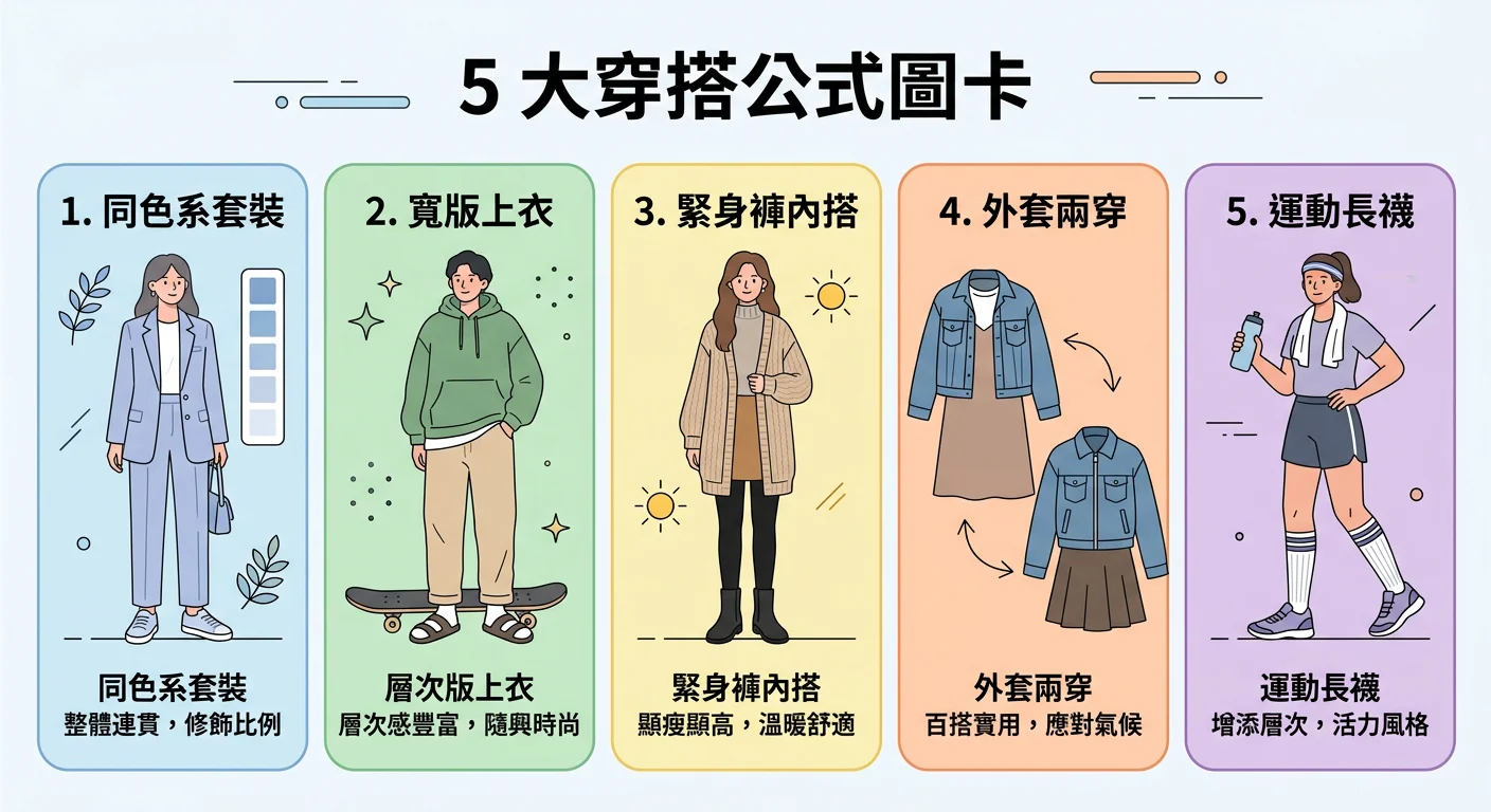 5 大穿搭公式圖卡，5 個欄位分別展示不同搭配方式：同色系套裝、寬版上衣、緊身褲內搭、外套兩穿、運動長襪，扁平插畫風格