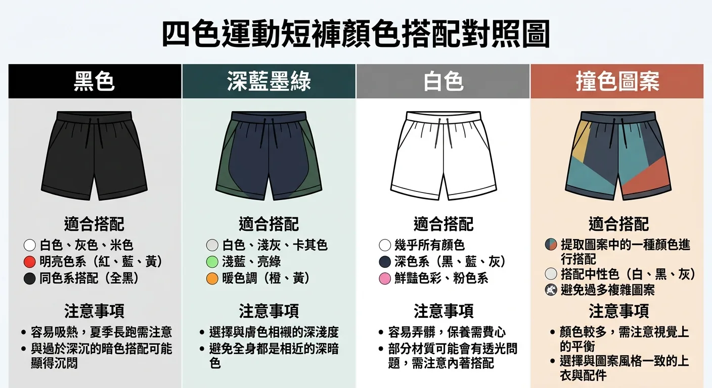 四色運動短褲顏色搭配對照圖：黑色、深藍墨綠、白色、撞色圖案各欄，每欄下方標示適合搭配的顏色和注意事項