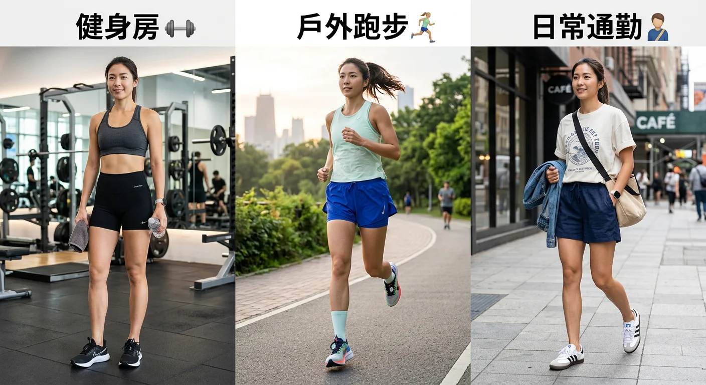 運動短褲穿搭場景對照圖，三欄分別為健身房、戶外跑步、日常通勤，每欄展示對應的穿搭組合示意