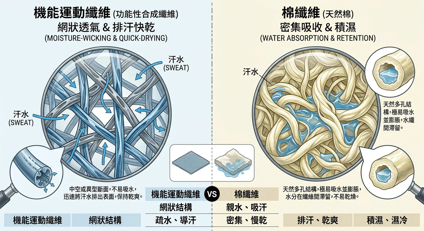 機能運動纖維 vs 棉纖維材質放大比較圖——左半顯示機能纖維的網狀透氣結構(標注排汗快乾),右半顯示棉纖維密集吸收後積濕示意,清晰說明差異