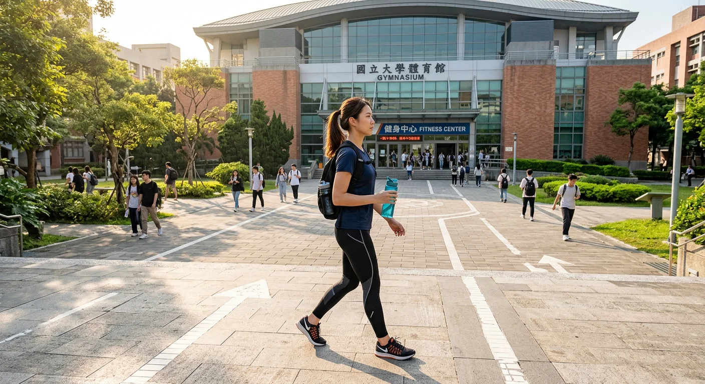 大學生在陽光下的校園廣場，身穿機能壓力褲和速乾上衣，手持水瓶，背景是體育館和健身房入口的俯拍情境