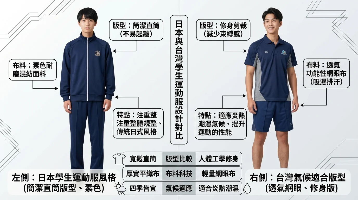 左側為日本學生運動服風格示意（簡潔直筒版型、素色），右側為台灣氣候適合的版型（透氣網眼、修身版），並列對比圖，標示版型和布料差異