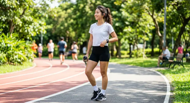 女生夏天戶外運動穿搭：白色涼感速乾上衣搭配黑色壓力短褲，在陽光下的公園跑道旁停步，整體清爽有活力，輕微汗珠顯示運動後仍保持整潔