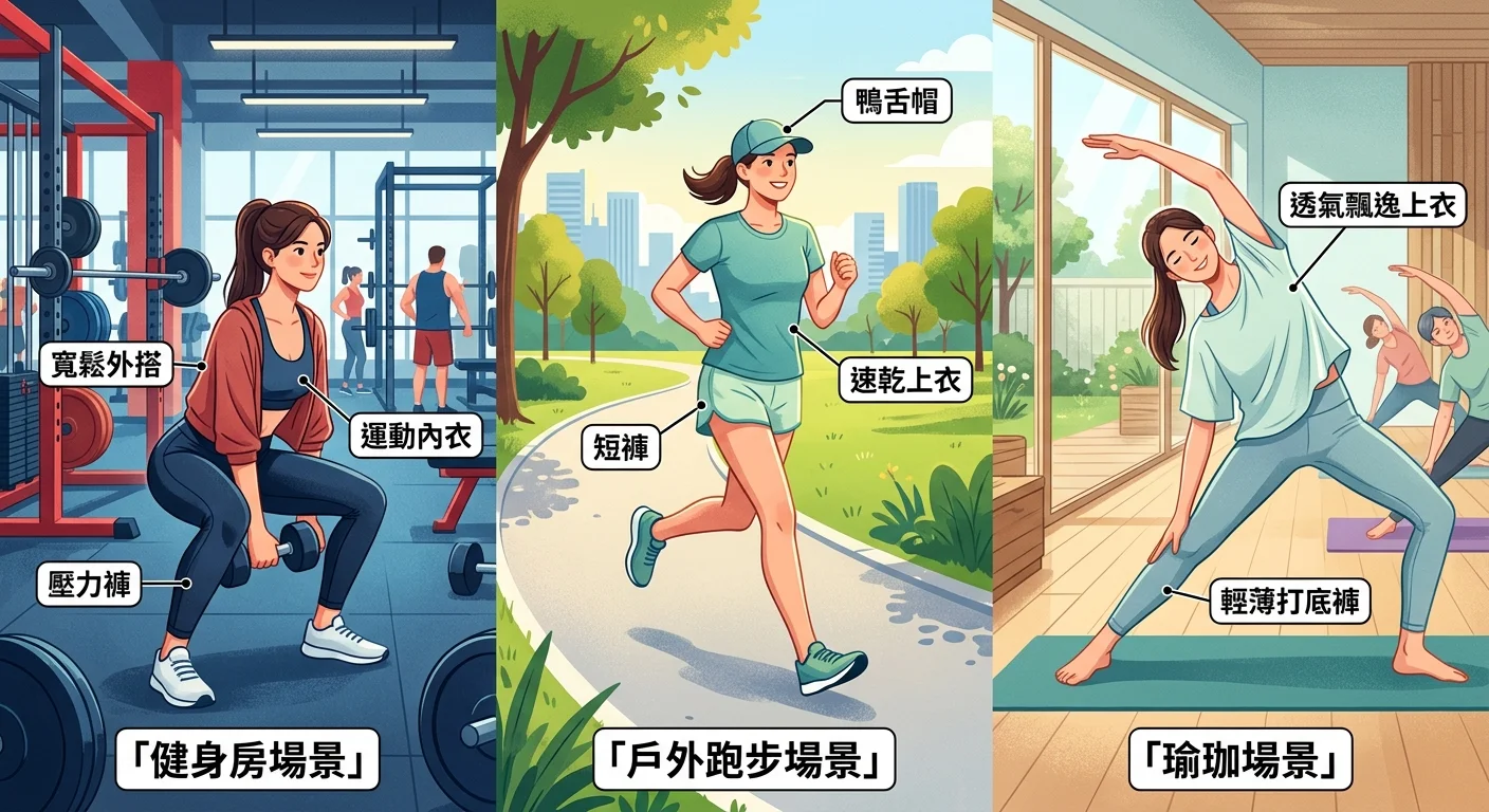 三格場景對比圖：左格是健身房場景（壓力褲＋運動內衣＋寬鬆外搭），中格是戶外跑步場景（短褲＋速乾上衣＋鴨舌帽），右格是瑜珈場景（輕薄打底褲＋透氣飄逸上衣），三格各有清晰的場景背景