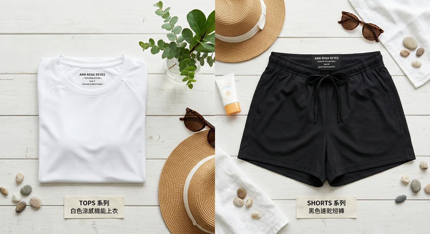 ANN RENA REYES 夏季產品平面展示：左側是白色涼感機能上衣（TOPS 系列），右側是黑色速乾短褲（SHORTS 系列），搭配放置的小葉植物和夏天清爽感道具，乾淨清爽的風格