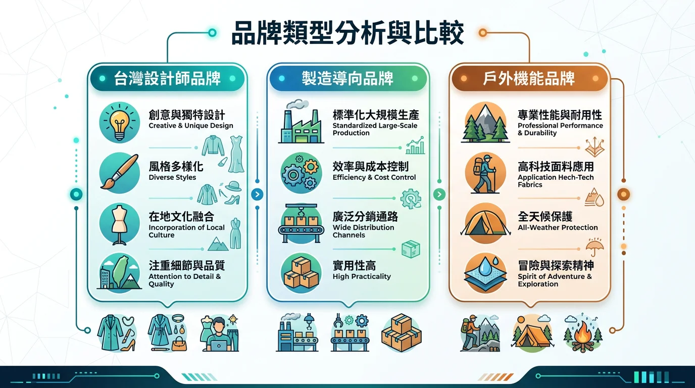 三欄並列圖，分別代表台灣設計師品牌、製造導向品牌、戶外機能品牌三種類型，搭配各自特徵圖示