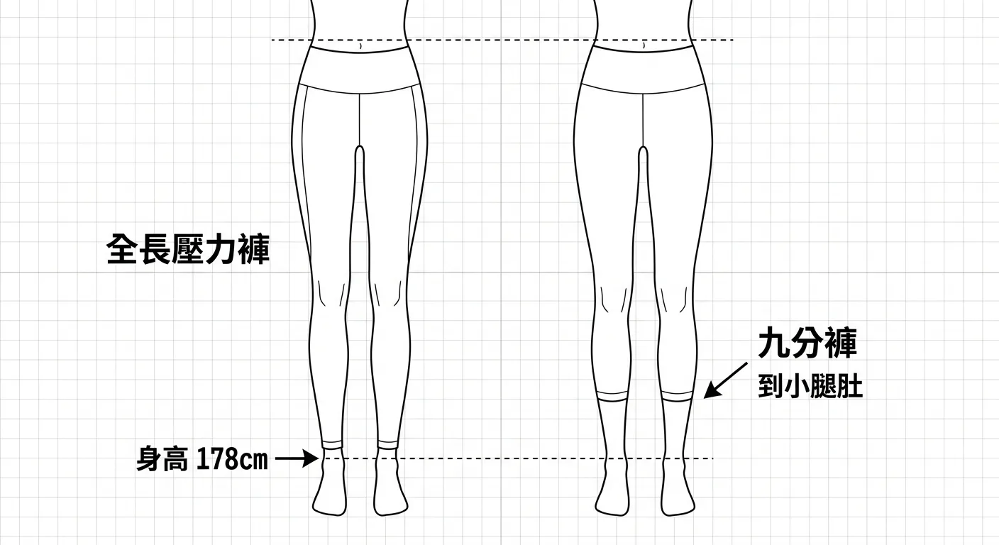 高個子女生運動服飾主視覺：扁平插圖風格，一位高挑女性穿著合身全長壓力褲和短版運動上衣，旁邊對比一件太短的九分褲版型，以標示箭頭說明褲長差異，背景淺色，配色以深靛藍和珊瑚粉為主