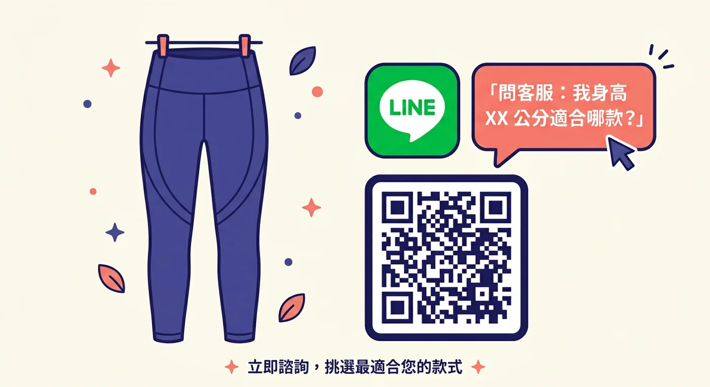 扁平插圖風格，畫面展示一件全長壓力褲搭配 LINE QR code 圖示，旁邊有一個對話框圖示標示「問客服：我身高 XX 公分適合哪款？」，背景淺色，配色深靛藍和珊瑚粉，整體親切專業