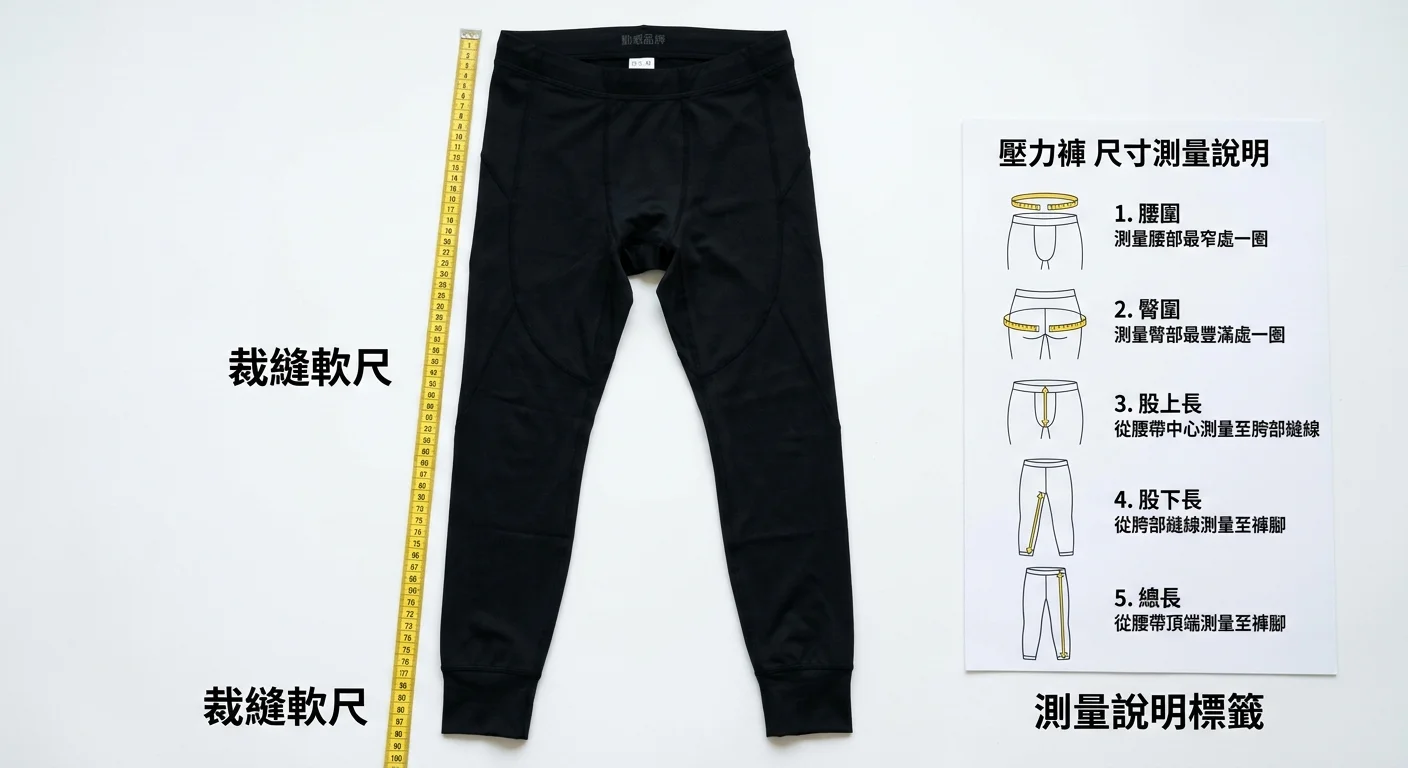 俯視角度的壓力褲平鋪展示，旁邊有裁縫軟尺和測量說明標籤，背景乾淨白色，呈現測量工具與壓力褲的對照關係