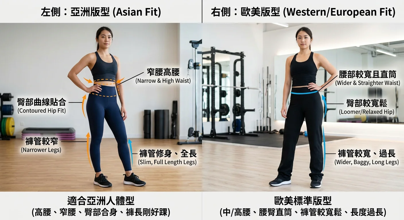 壓力褲亞洲版型 vs 歐美版型對比圖，左側顯示亞洲版型（窄腰、臀部合身、褲管較窄）、右側顯示歐美版型（腰部較寬、褲管較寬），搭配尺寸差異說明文字