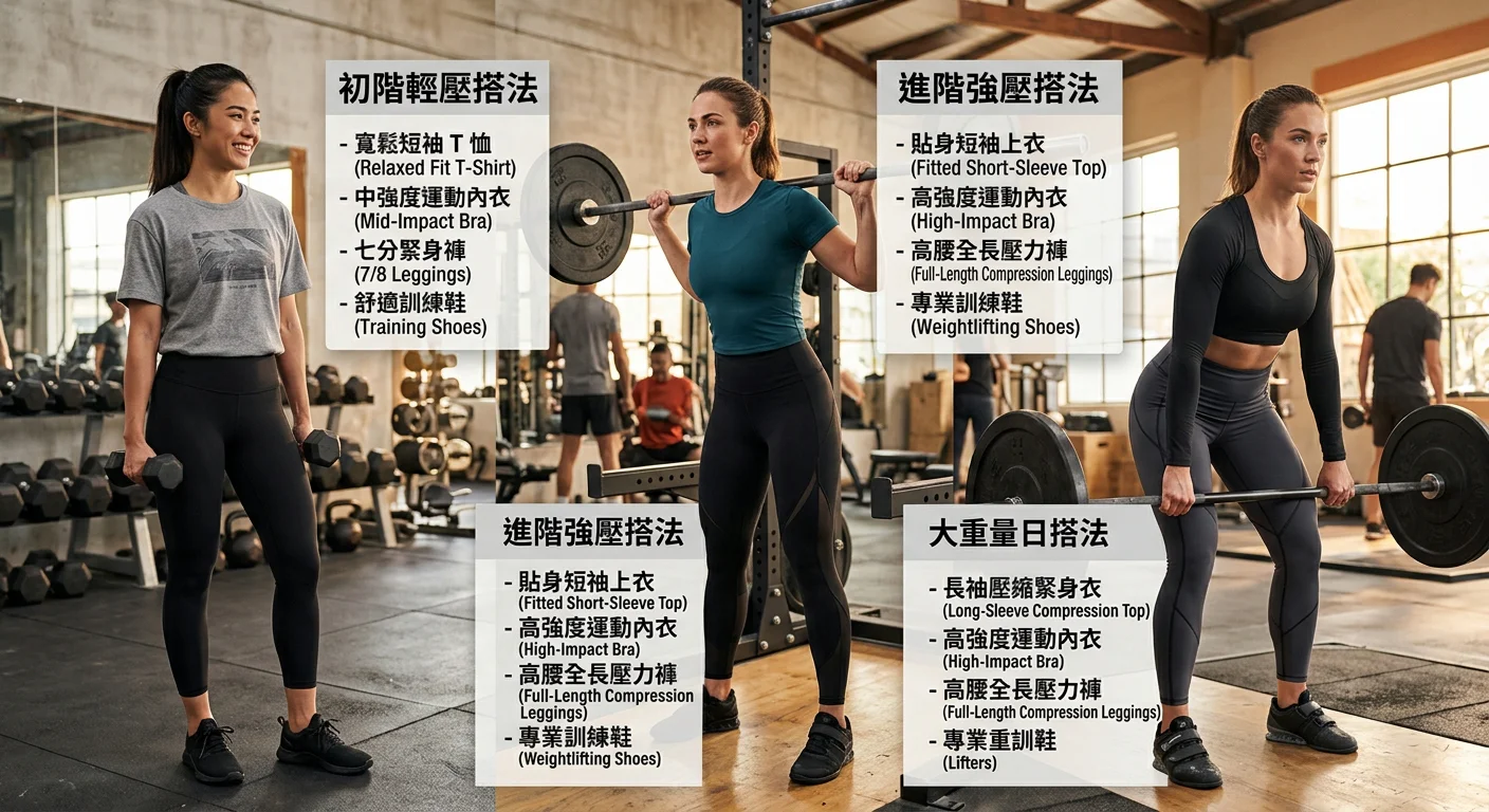 女生重訓穿搭三套示範圖，左起為初階輕壓搭法（七分褲+中強度內衣+寬鬆T），中間為進階強壓搭法（高腰全長壓力褲+高強度內衣+貼身短袖），右側為大重量日搭法（高腰全長壓力褲+高強度內衣+長袖壓縮衣），各套旁附單品說明