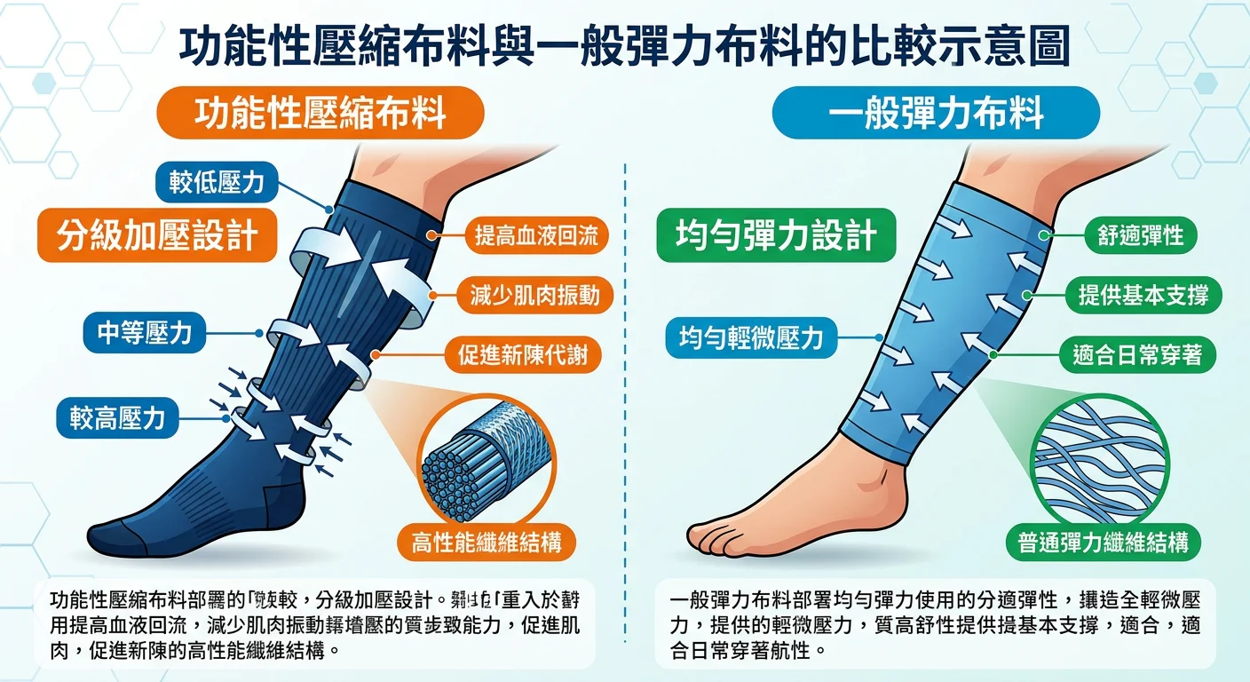 功能性壓縮布料與一般彈力布料的比較示意圖，壓力方向箭頭標示