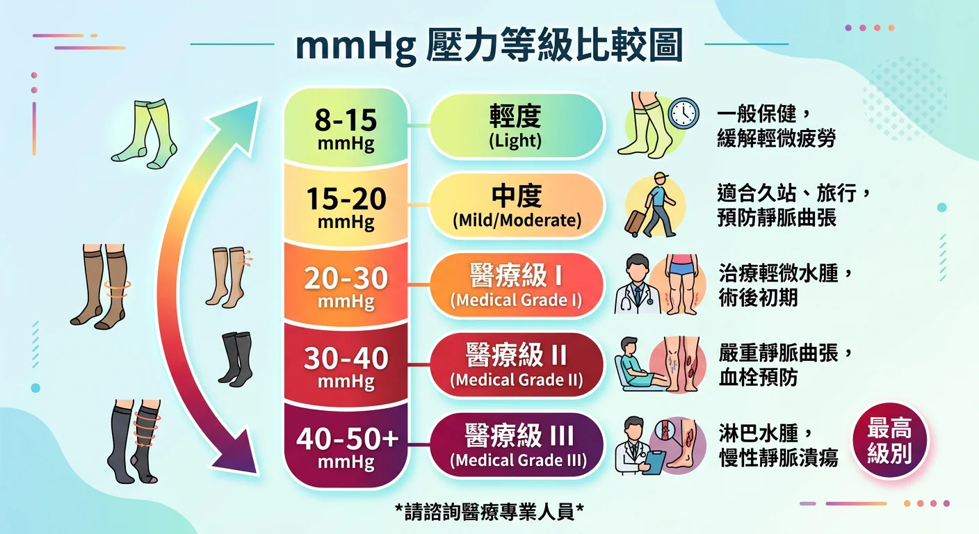 mmHg 壓力等級比較圖，從輕度到醫療級，顏色漸層標示