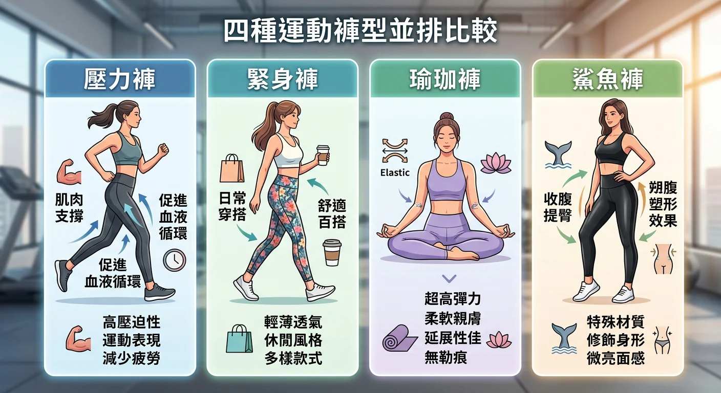 四種褲型並排比較：壓力褲、緊身褲、瑜珈褲、鯊魚褲，各有標示說明