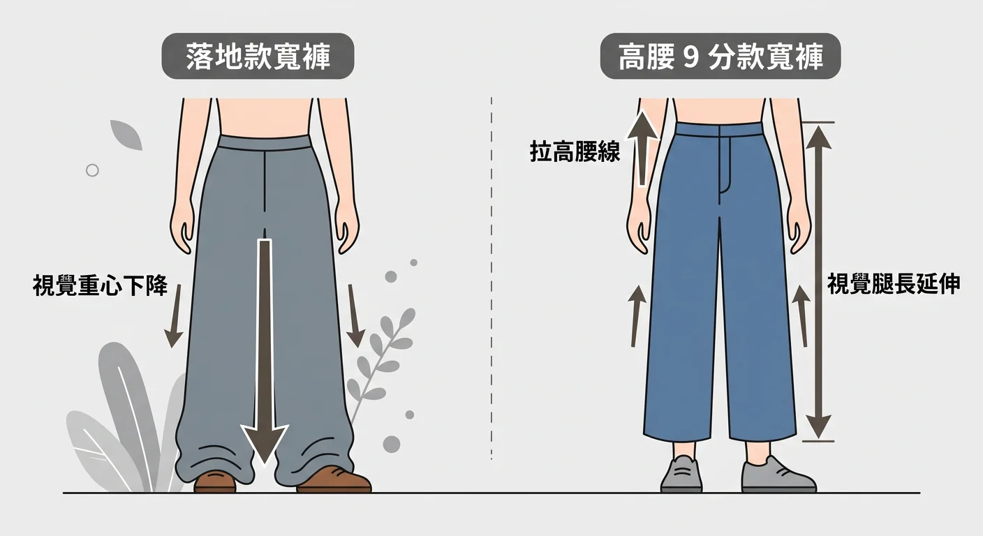 兩種高度寬褲管視覺效果對比示意圖：左側落地款褲管壓低視覺重心（用箭頭標示視覺高度下降），右側高腰 9 分款拉高腰線視覺效果（用箭頭標示視覺腿長延伸），扁平說明風格插圖，無真人