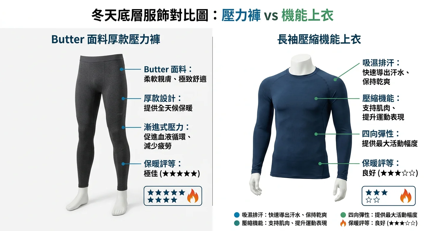 冬天底層服飾對比圖，左側展示 Butter 面料厚款壓力褲，右側展示長袖壓縮機能上衣，兩件在白色背景下並排，清晰標示面料特性和保暖評等