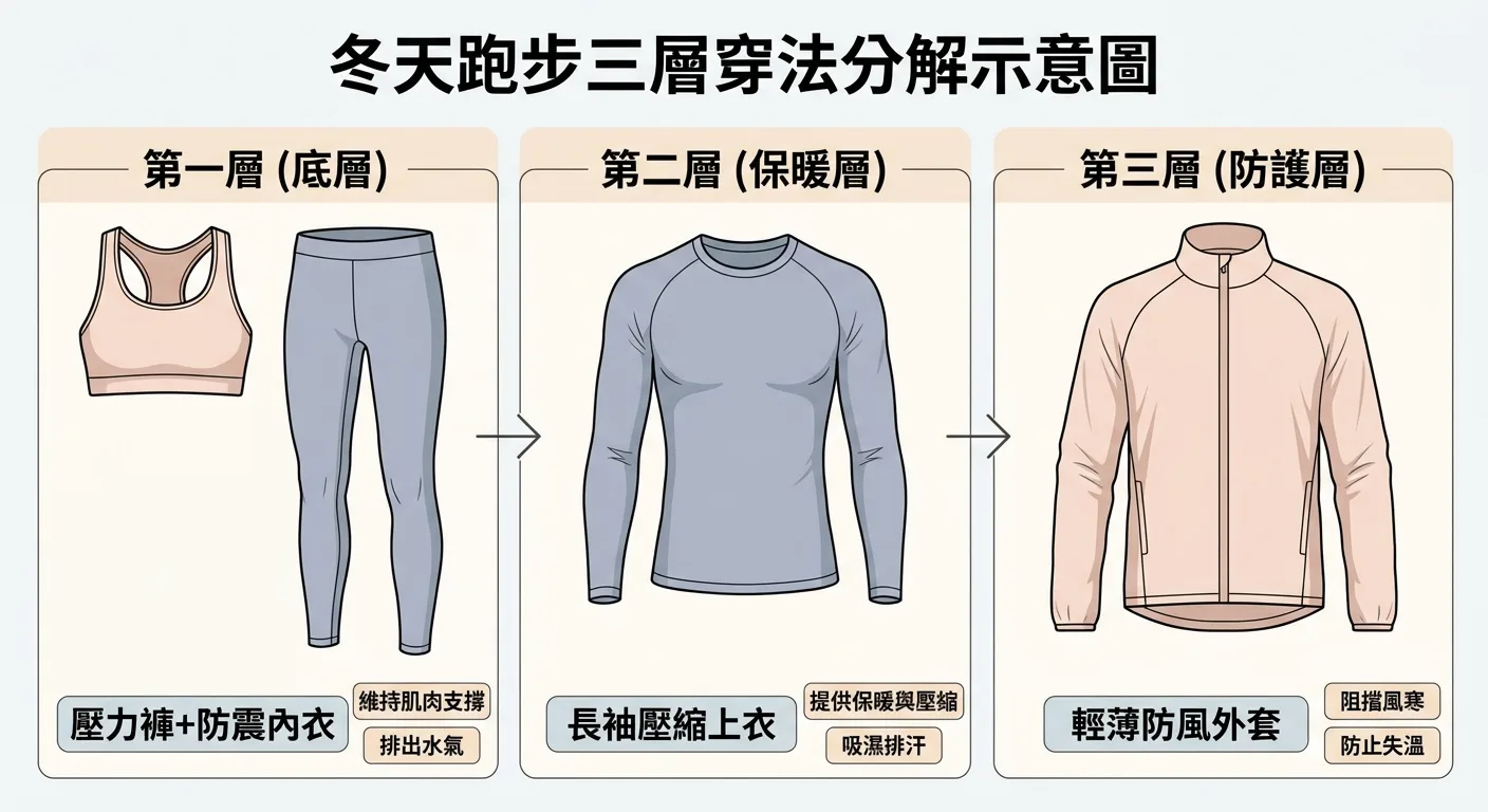 冬天跑步三層穿法分解示意圖：左起第一層壓力褲+防震內衣、第二層長袖壓縮上衣、第三層輕薄防風外套，並排顯示，附文字標示各層功能