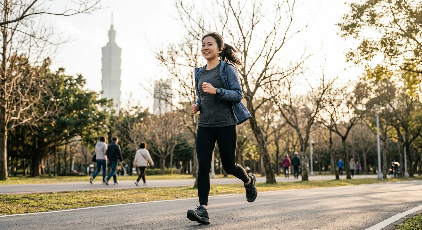 女生穿著冬天跑步裝備（壓力長褲、長袖上衣、薄外套）在台北城市公園路跑，背景有冬天的光線氛圍，活潑輕鬆的生活風格