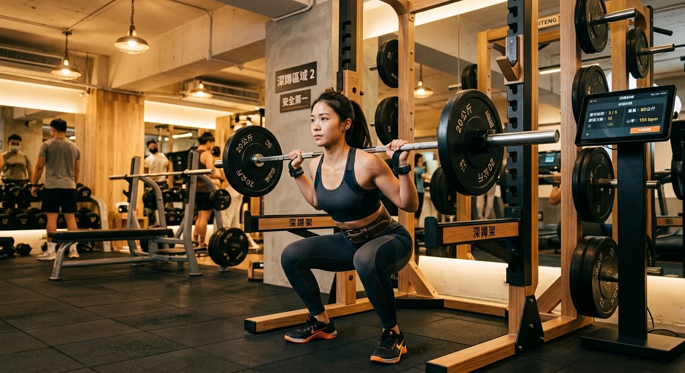 一位亞洲女性穿著機能運動套裝在健身房進行深蹲訓練，燈光溫暖、設備簡潔現代