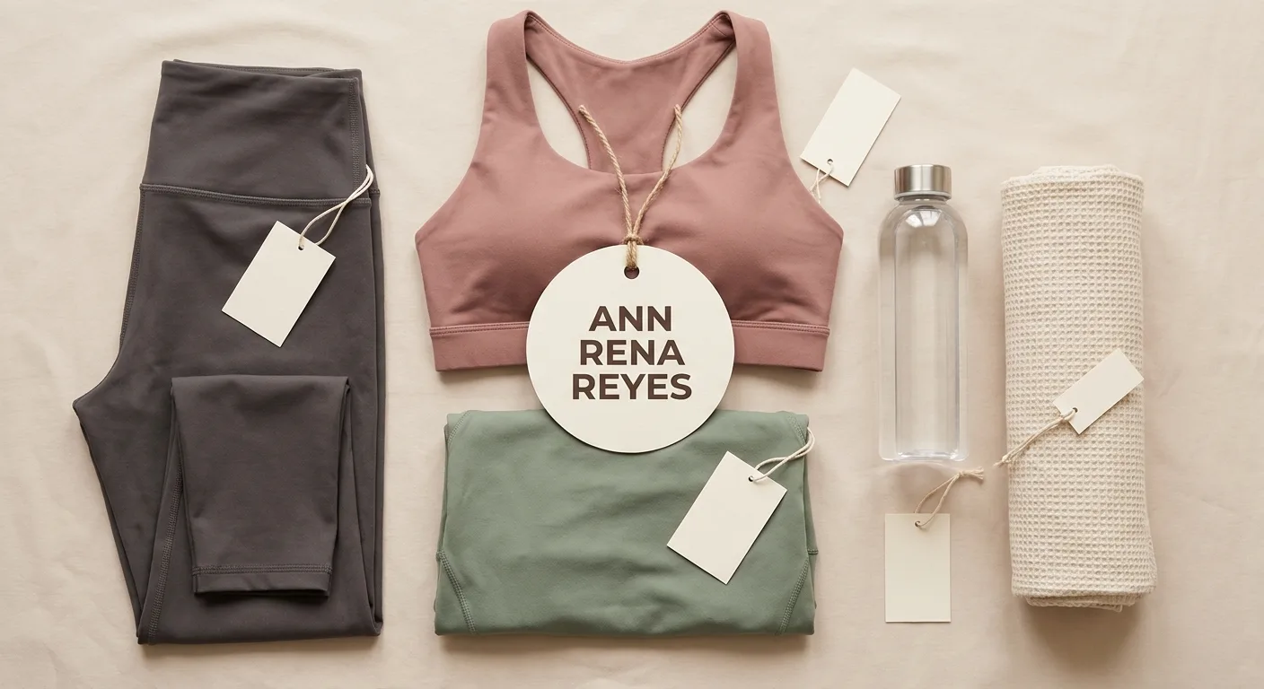 台灣品牌運動服飾平整展示，包含壓力褲和運動內衣，色系乾淨俐落，背景白色簡約